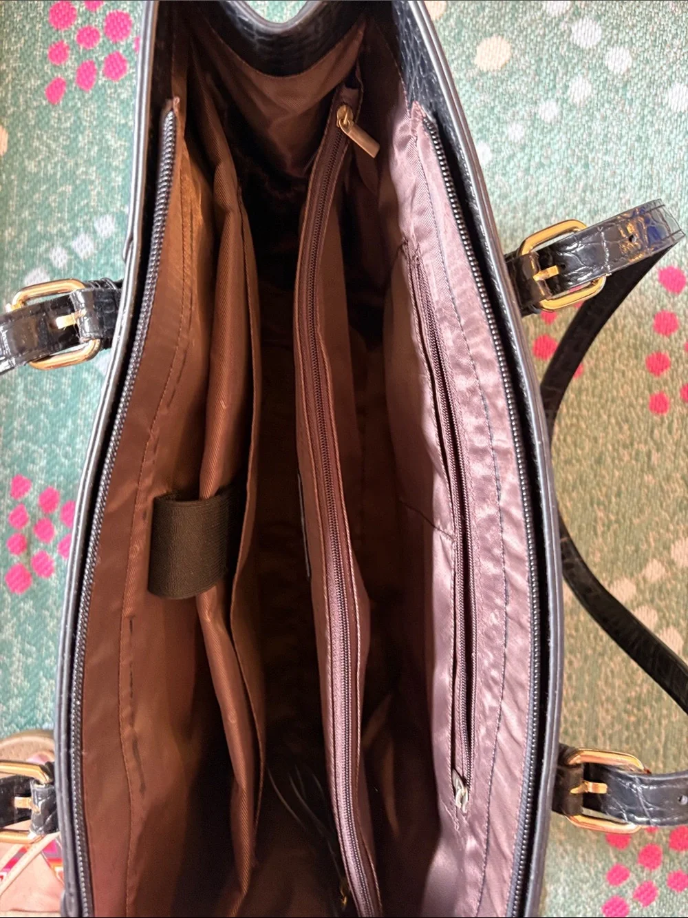 Black Croc-Embossed Laptop Tote with Front Zip Compartment